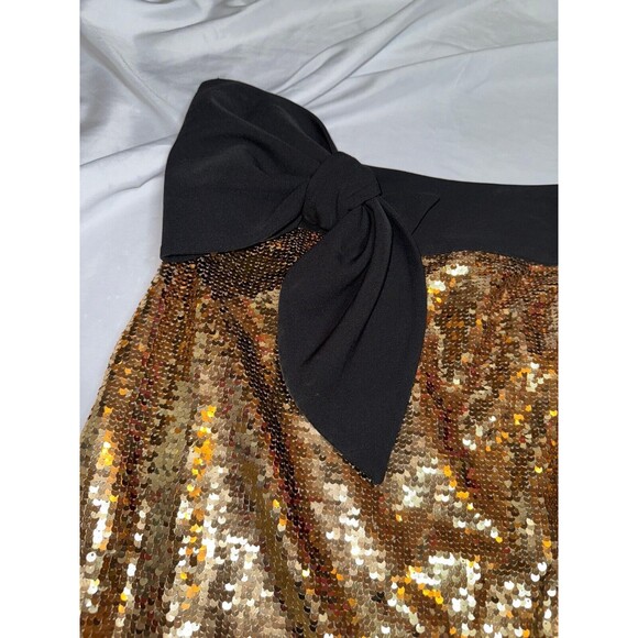 Issac Mizrahi Pencil Skirt Size SP Gold Black Sequin Front Bow Disco Glamour Hot - Picture 2 of 7